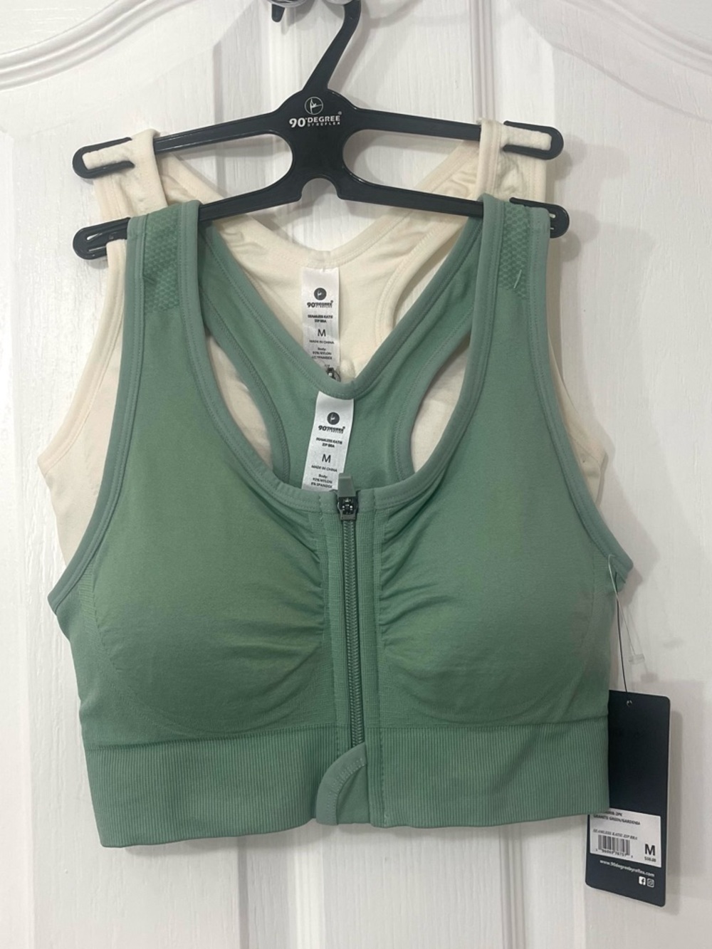 90 Degree By Reflex Front-Zip Sage Green And Cream Sports Bra